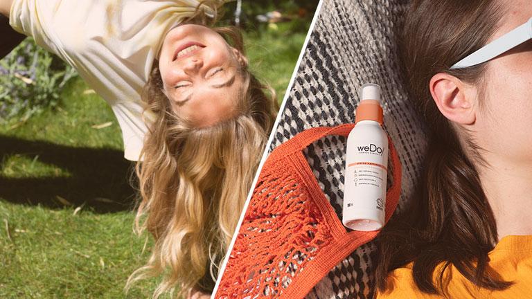 Collage of woman with blonde hair enjoying the sunshine and bottle of  Spread Happiness hair mist
